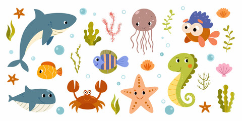 Colorful cartoon illustration of various sea creatures and marine life © Apurba