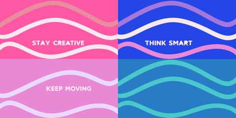 Colorful abstract waves with motivational phrases in a divided composition