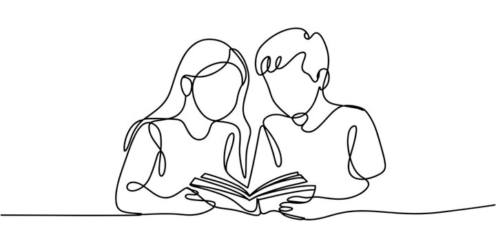 Children read book continuous one line drawing. Continuous single drawn one line boy and girl reading book drawn by hand picture silhouette. Line art. Back to school concept.
