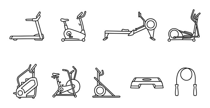 Various black outline fitness gym equipment icons are neatly arranged, showcasing modern exercise machines and accessories in a clean, minimalist graphic style