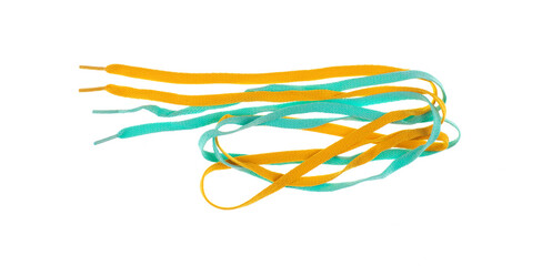 Fashionable yellow and green shoelaces isolated on white background