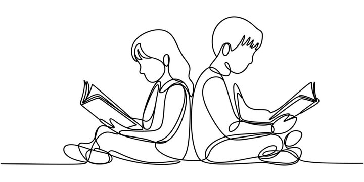 Children read book continuous one line drawing. Continuous single drawn one line boy and girl reading book drawn by hand picture silhouette. Line art. Back to school concept.