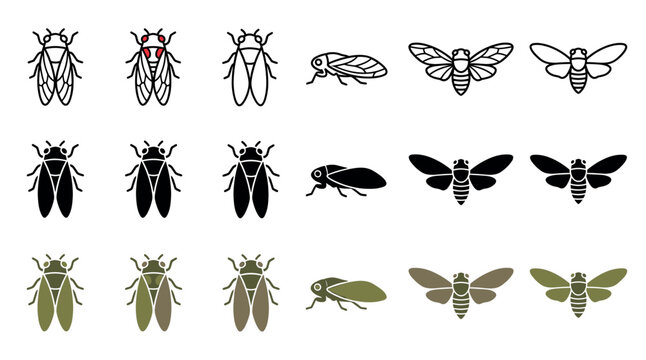 Various stylized cicada and leafhopper insect icons are displayed in a grid, featuring outline, solid black, and muted green-brown color variations from a top-down perspective