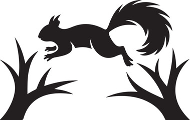 Obraz premium Black silhouette of a squirrel jumping between branches in a forest, vector illustration