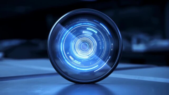 Closeup View Of Circular Holographic Lens With Animated Security And Surveillance Indicators