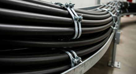 Obraz premium Close up of black cables bundled on a metal tray. Network infrastructure, data connection, and communication technology concept.