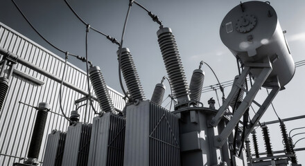 Fototapeta na wymiar Electrical transformer at a power station. Industrial equipment for electricity transmission and distribution to homes and businesses.