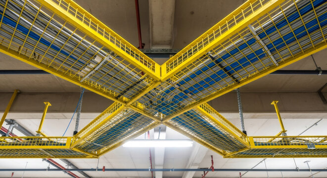 Yellow server room cable trays with blue and gray wires. Data center infrastructure for big data management and network cabling.