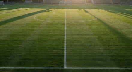 Obraz premium Empty Soccer Field with Fresh Green Grass and Sunlight