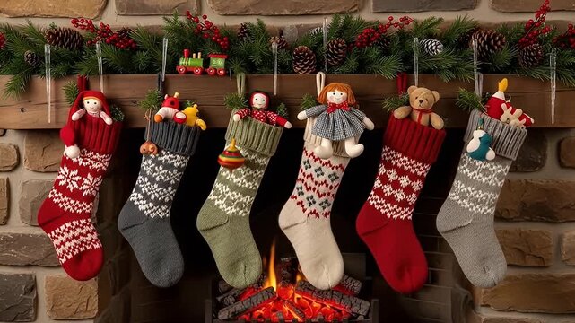 Colorful Christmas stockings filled with toys hang from a decorated fireplace mantelpiece