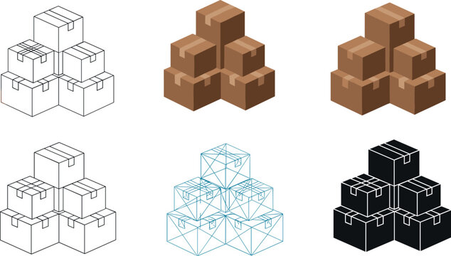 Stacked Cardboard Box Icon Set with Warehouse Packages, Shipping Parcels, and Logistics Storage Symbols in Line, Flat, and Isometric Styles