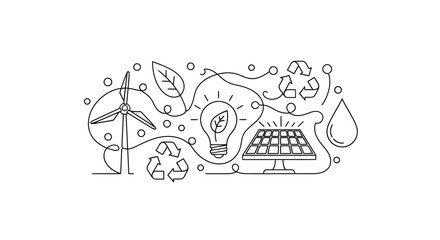 Obraz premium Eco friendly energy icon set. Includes wind turbine, light bulb, solar panel, recycling, leaf, water drop. Created in line style with black and white palette