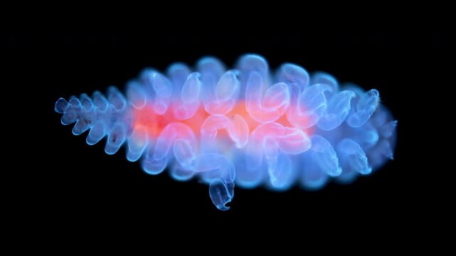 The parasitic isopoda Eremitione hyndmanni under a microscope. The male. Under ultraviolet light. White Sea.
