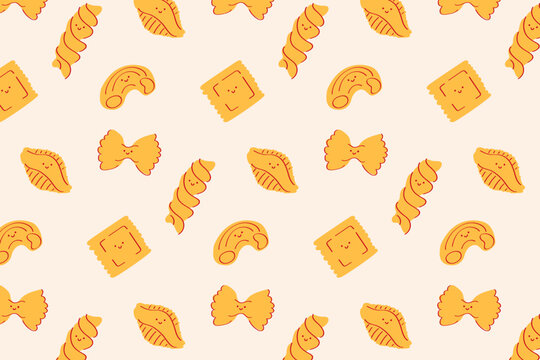 Assorted Italian Pasta Shapes Repeating Vector Pattern in Warm Yellow