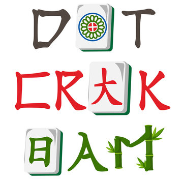 Mahjong terminology typography design with "Dot, Crak, Bam" and traditional tiles, vector set.