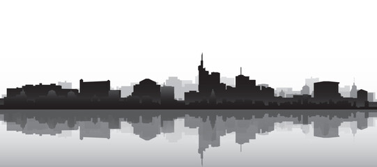 Fototapeta premium Black and white panoramic poster of the city skyline with misty background buildings and water reflection of FRANKFURT, GERMANY