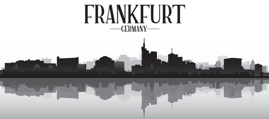 Obraz premium Black and white panoramic poster of the city skyline with misty background buildings and water reflection of FRANKFURT, GERMANY