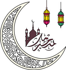 Vector illustration of a mosque at night featuring city architecture with domes and towers in a vintage silhouette design