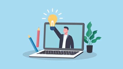 A person presenting a bright idea from within a laptop screen