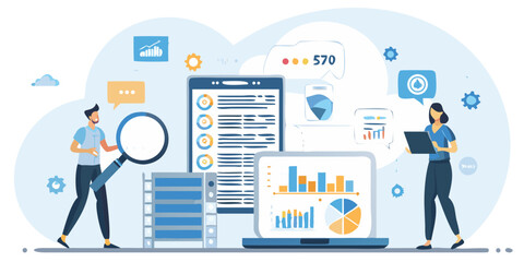 Data analysis and cloud computing illustration with people and technology