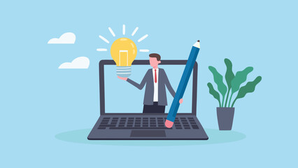 A person presenting a glowing lightbulb emerging from a laptop screen