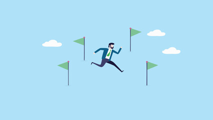 A businessman triumphantly runs toward multiple green flags on a blue background