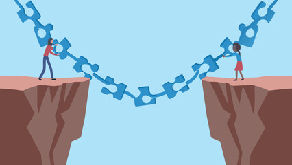 People connecting puzzle pieces to bridge a gap between cliffs