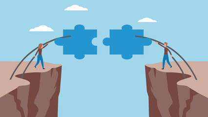 Two figures connect puzzle pieces over a vast canyon gap
