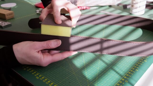 Detailed shot of sanding the leather belt edge before applying another layer of paint. Preparation stage of professional belt finishing.