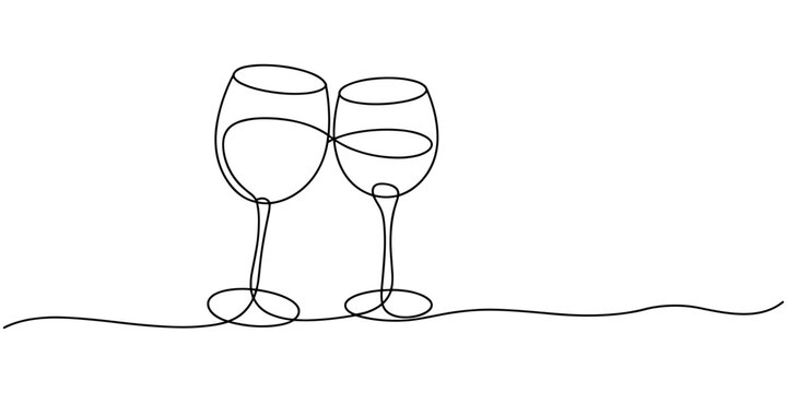 Two wine glass single line icon. Continuous one line drawing of wine glasses vector illustration, wine glass continuous one line drawing, Continuous one line drawing of abstract pouring wine