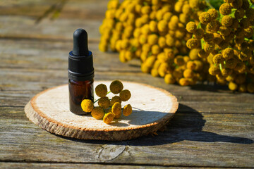 tansy essential oil in a beautiful bottle on the table © Ирина Старикова