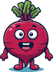 Fototapeta premium Cartoon beetroot character with green leaves and smiling face vegetable
