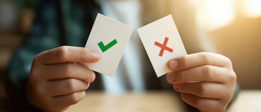 The hands holding decision cards with green checkmark and red cross icons