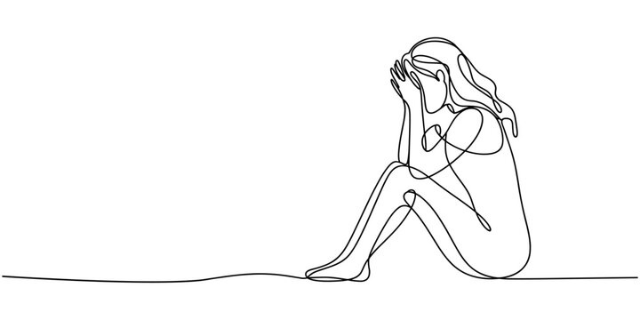 Continuous line drawing of girl covering face with hands, facial expression. Young woman in despair sitting on the bed. Frustration and depression person concept. Female suffering from depression