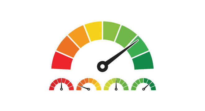 Colorful infographic elements displaying various levels of performance or risk, with a prominent gauge showing a high setting, alongside smaller indicators.