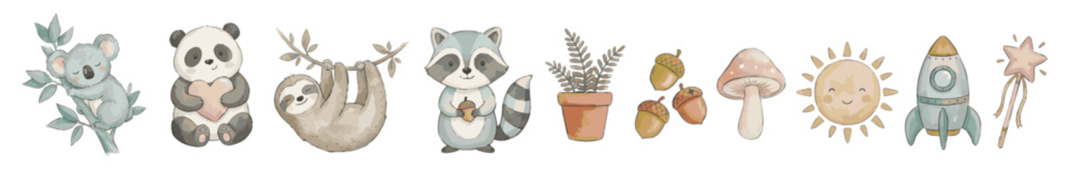 Obraz premium Cute watercolor woodland animals set with koala panda sloth raccoon, rocket, sun, wand, mushrooms and acorns. Collection of Vector illustrations. Perfect for invitation, card, poster, banner, decorati