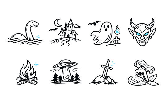 Collection of mythical creatures and spooky icons in a simple line art style