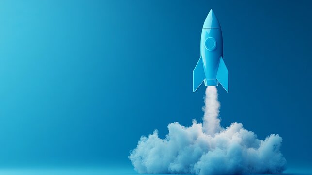 A blue rocket ship blasting off into a clear blue sky with white clouds