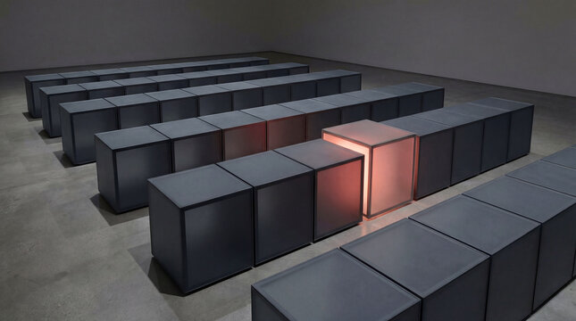 Minimalist art installation of illuminated grey modular light boxes in a stark gallery setting