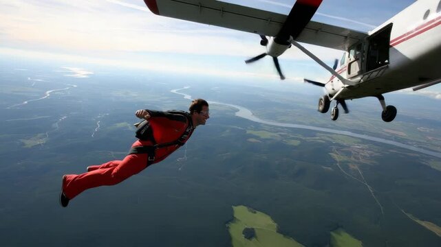Skydiver In Red Suit Jumps From Plane Mid-air Overlooking Scenic Landscape With Forests River For Adventure Thrill-seeking Purposes Showing The Feeling Of Freedom Achievement