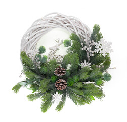 Christmas decorative wreath with fir branches and cones isolated on white background