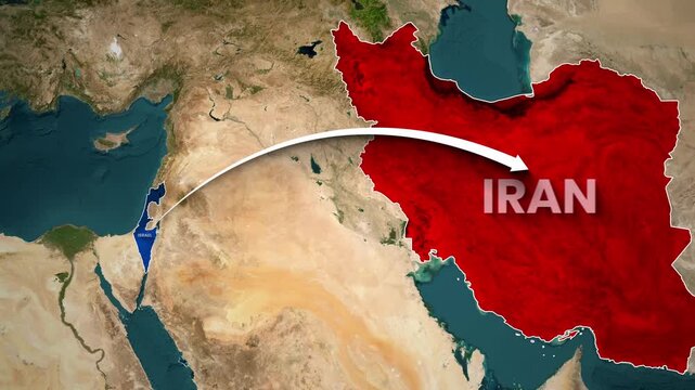 Satellite map graphic showing tension trajectory from Israel toward Iran region
