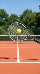 Naklejka premium Tennis racket and ball mid-air on court, clean background, no players