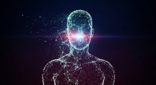 A futuristic digital human figure with glowing red eyes and a network of blue particles surrounding its head and body, set against a dark background.