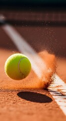 Naklejka premium Tennis ball bouncing with dust particles, slow motion effect, no people