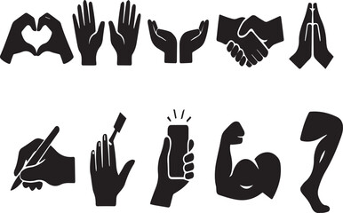 Obraz premium Human Hand Gestures & Body Part Silhouettes: Expressive Vector Icon Set for Communication, Daily Actions, Technology, and Strength Themes
