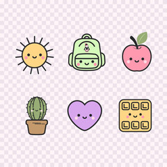 A collection of fun kawaii icons. Vector illustration.