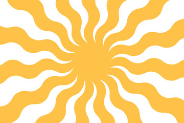 Yellow sun with wavy rays, summer-themed background with sunrise or sunset in a trendy style.