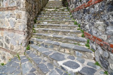Ancient Masonry Steps between Stone Walls, Traditional Stone Architecture with Stairway