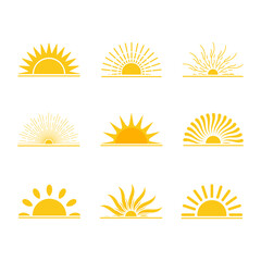 Set of yellow half sun icons, morning sunlight with sunrise rays.